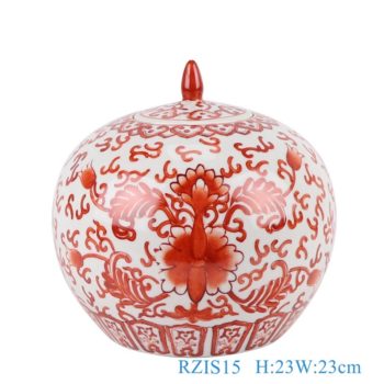 RZIS15     矾红缠枝莲西瓜罐     高：23直径：23口径：底径：14.5重量：2.4KG