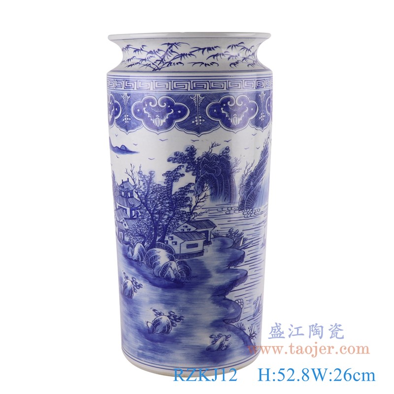 青花山水箭筒伞筒;产品编号:RZKJ12 产品尺寸(单位cm): 高:52.8直径:26口径:底径:20.5重量:9KG