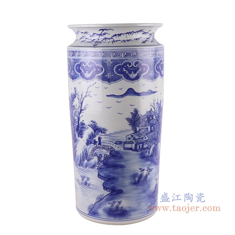 青花山水箭筒伞筒;产品编号:RZKJ12 产品尺寸(单位cm): 高:52.8直径:26口径:底径:20.5重量:9KG