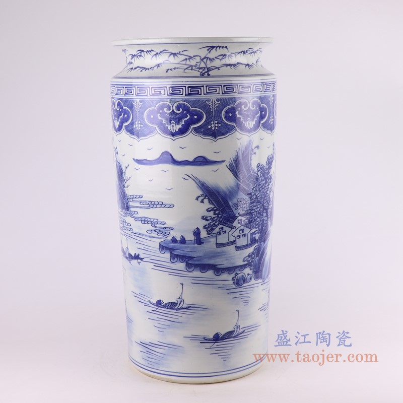 青花山水箭筒伞筒;产品编号:RZKJ12 产品尺寸(单位cm): 高:52.8直径:26口径:底径:20.5重量:9KG