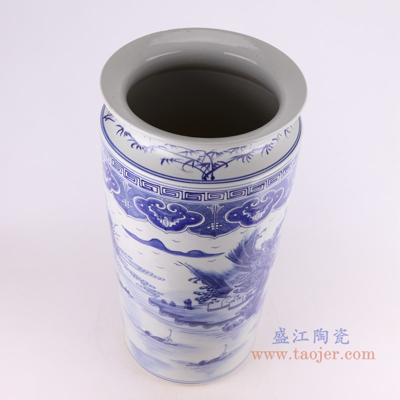 青花山水箭筒伞筒;产品编号:RZKJ12 产品尺寸(单位cm): 高:52.8直径:26口径:底径:20.5重量:9KG