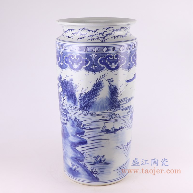 青花山水箭筒伞筒;产品编号:RZKJ12 产品尺寸(单位cm): 高:52.8直径:26口径:底径:20.5重量:9KG