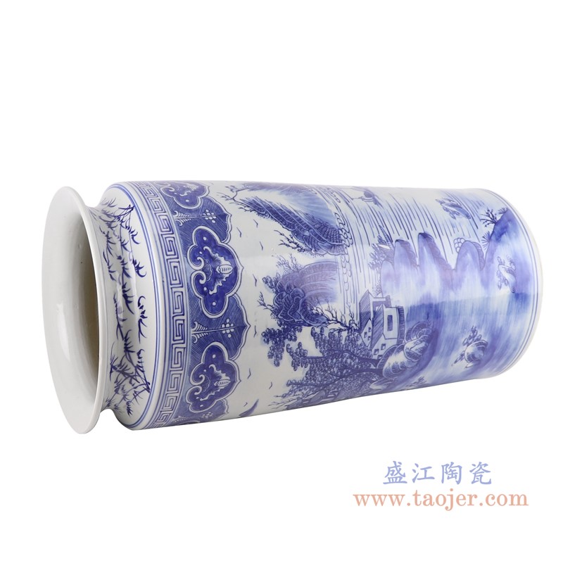 青花山水箭筒伞筒;产品编号:RZKJ12 产品尺寸(单位cm): 高:52.8直径:26口径:底径:20.5重量:9KG