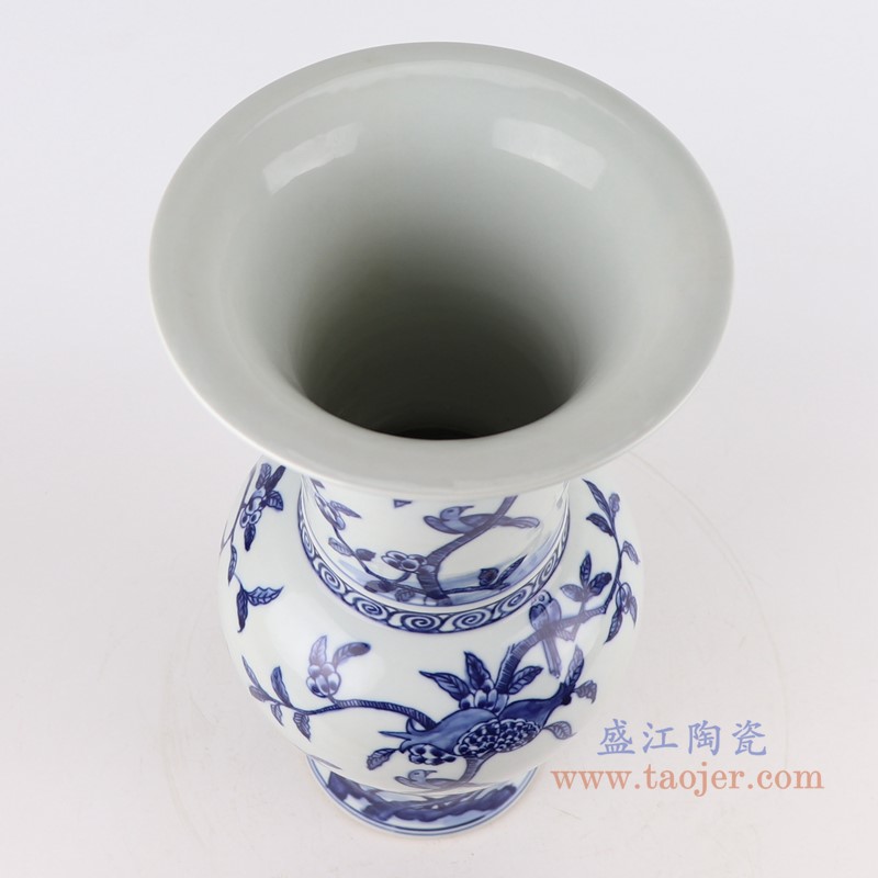 青花石榴花鸟花菇瓶;产品编号：RZKJ13       产品尺寸(单位cm):  高：39.5直径：20.2口径：底径：12.4重量：3.4KG