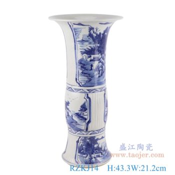 RZKJ14   青花开窗山水人物花姑瓶     高：43.3直径：21.2口径：底径：14.2重量：3.4KG