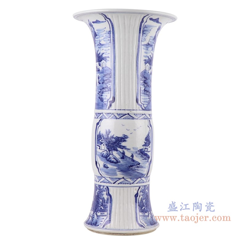 青花开窗山水人物花姑瓶;产品编号：RZKJ14       产品尺寸(单位cm):  高：43.3直径：21.2口径：底径：14.2重量：3.4KG