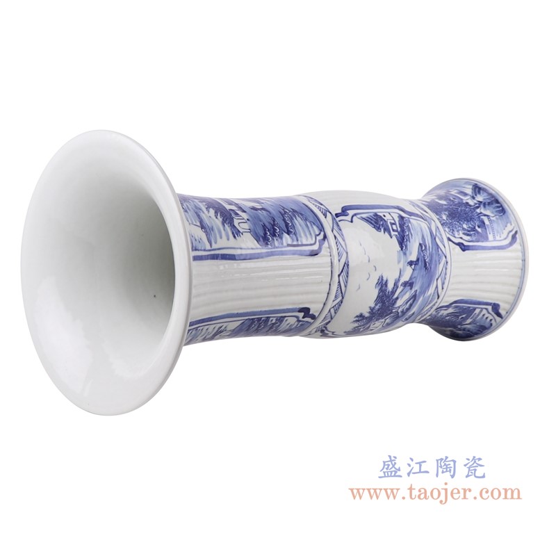 青花开窗山水人物花姑瓶;产品编号：RZKJ14       产品尺寸(单位cm):  高：43.3直径：21.2口径：底径：14.2重量：3.4KG