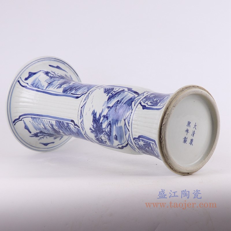 青花开窗山水人物花姑瓶;产品编号：RZKJ14       产品尺寸(单位cm):  高：43.3直径：21.2口径：底径：14.2重量：3.4KG