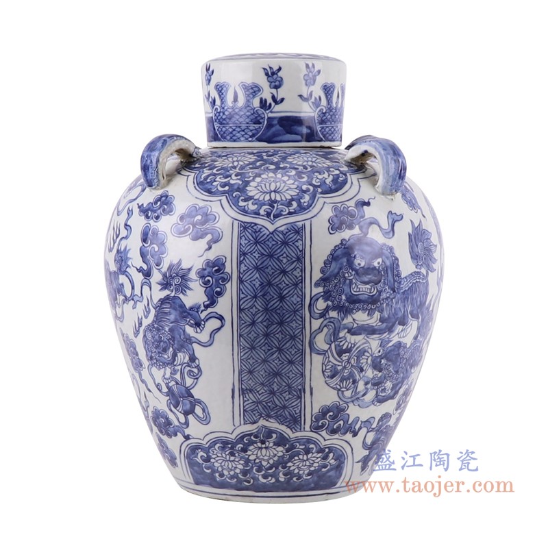 青花狮子戏球纹储物罐盖罐;产品编号:RZKJ16 产品尺寸(单位cm): 高:32.5直径:25.5口径:底径:13.9重量:3.4KG
