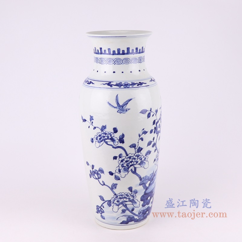青花锦鸡花鸟花瓶;产品编号：RZKJ17       产品尺寸(单位cm):  高：42.3直径：18口径：底径：12.4重量：3.65KG