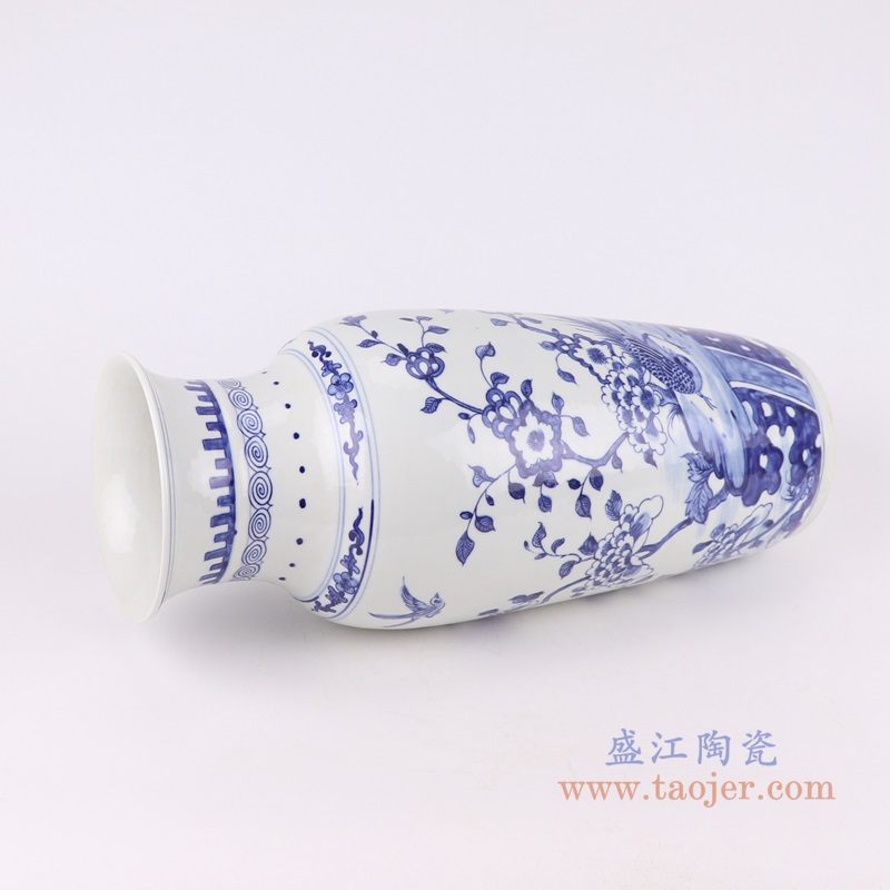青花锦鸡花鸟花瓶;产品编号：RZKJ17       产品尺寸(单位cm):  高：42.3直径：18口径：底径：12.4重量：3.65KG