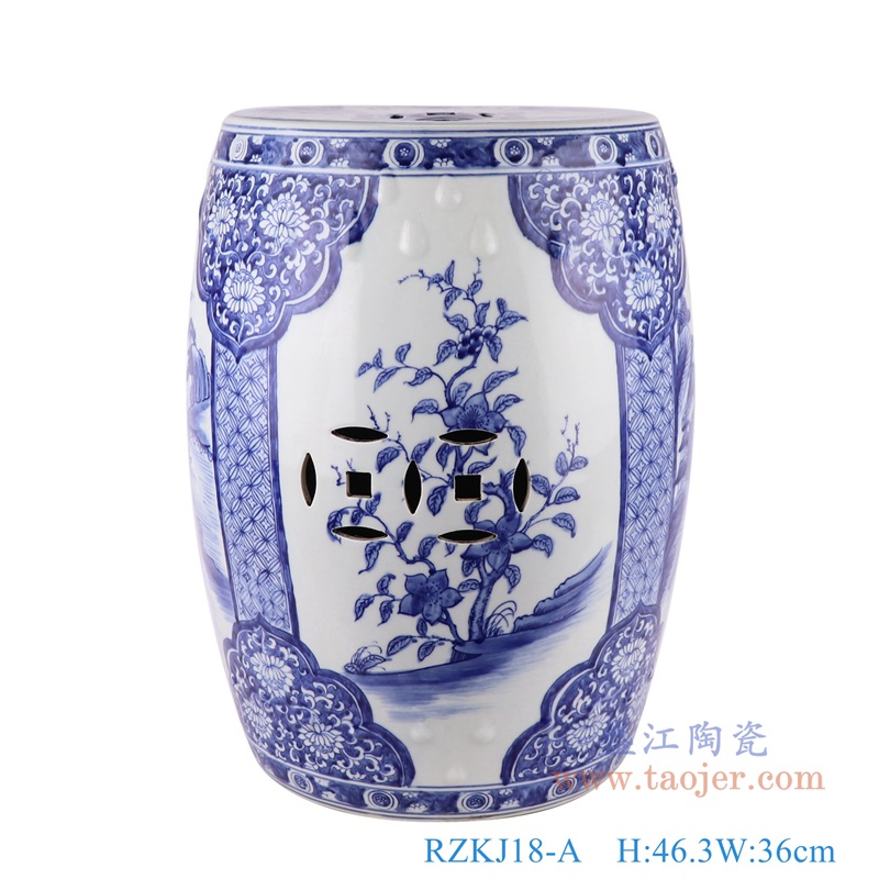 青花开窗山水花卉铜钱孔凉墩鼓凳子;产品编号:RZKJ18-A 产品尺寸(单位cm): 高:46.3直径:36口径:底径:28重量:11.55KG