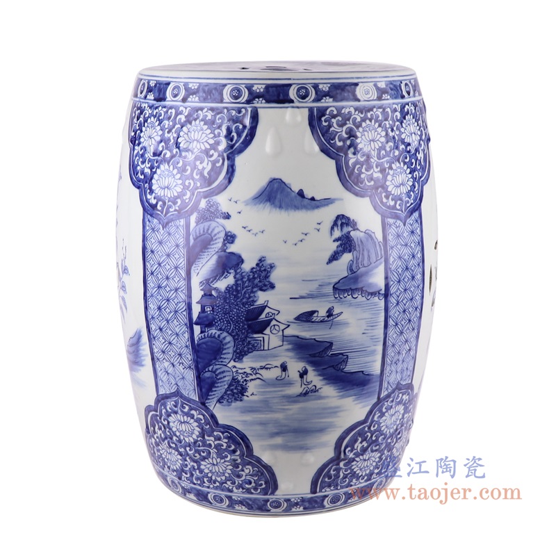 青花开窗山水花卉铜钱孔凉墩鼓凳子;产品编号:RZKJ18-A 产品尺寸(单位cm): 高:46.3直径:36口径:底径:28重量:11.55KG