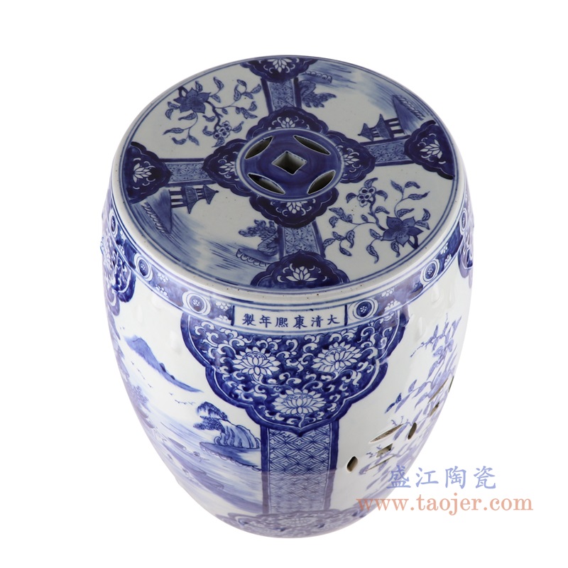 青花开窗山水花卉铜钱孔凉墩鼓凳子;产品编号:RZKJ18-A 产品尺寸(单位cm): 高:46.3直径:36口径:底径:28重量:11.55KG