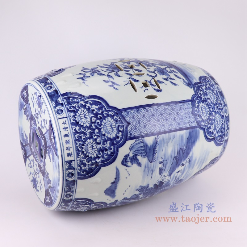 青花开窗山水花卉铜钱孔凉墩鼓凳子;产品编号:RZKJ18-A 产品尺寸(单位cm): 高:46.3直径:36口径:底径:28重量:11.55KG