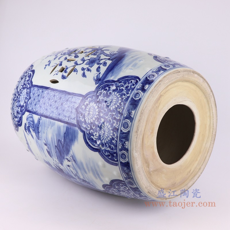 青花开窗山水花卉铜钱孔凉墩鼓凳子;产品编号:RZKJ18-A 产品尺寸(单位cm): 高:46.3直径:36口径:底径:28重量:11.55KG