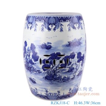 RZKJ18-C  青花荷花鸳鸯戏水铜钱孔凉墩鼓凳子    高：46.3直径：36口径：底径：28重量：11.55KG