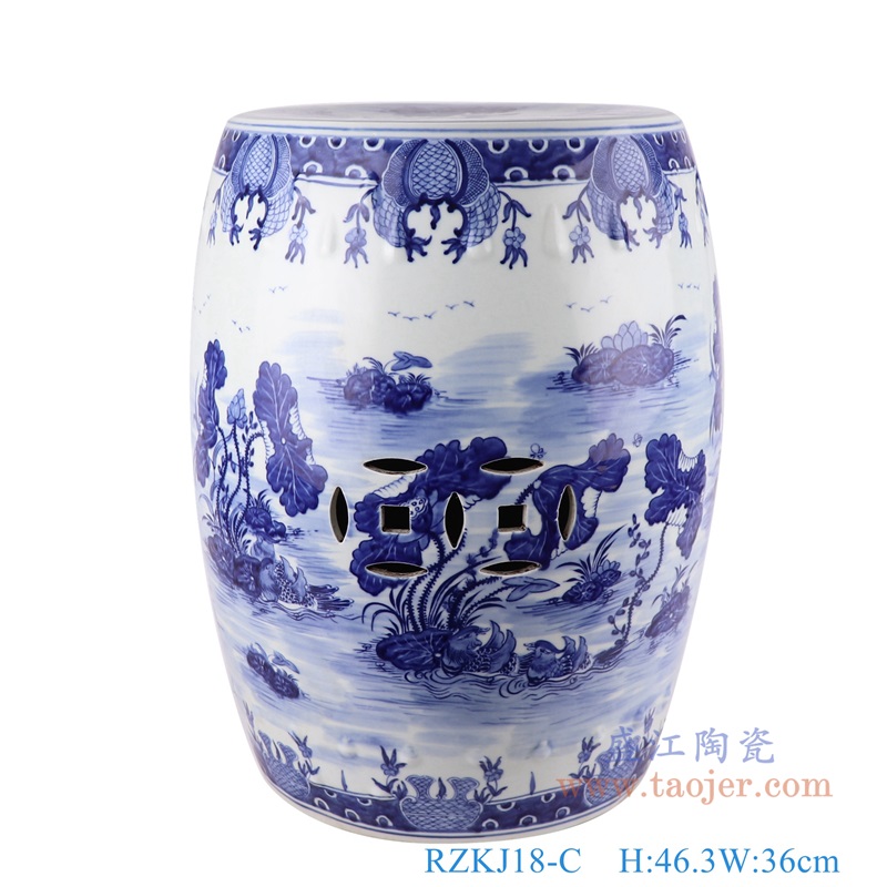 青花荷花鸳鸯戏水铜钱孔凉墩鼓凳子;产品编号:RZKJ18-C 产品尺寸(单位cm): 高:46.3直径:36口径:底径:28重量:11.55KG