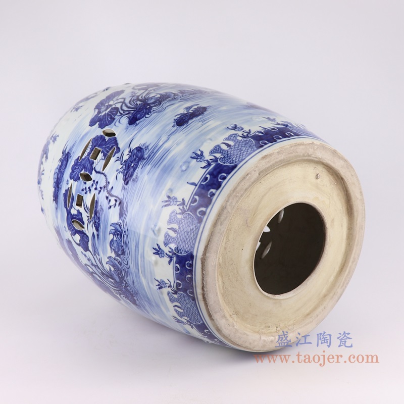 青花荷花鸳鸯戏水铜钱孔凉墩鼓凳子;产品编号:RZKJ18-C 产品尺寸(单位cm): 高:46.3直径:36口径:底径:28重量:11.55KG
