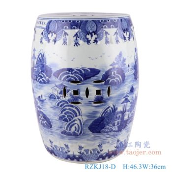 RZKJ18-D   青花山水梧桐铜钱孔凉墩鼓凳子     高：46.3直径：36口径：底径：28重量：11.55KG
