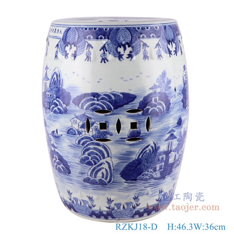 青花山水梧桐铜钱孔凉墩鼓凳子;产品编号:RZKJ18-D 产品尺寸(单位cm): 高:46.3直径:36口径:底径:28重量:11.55KG
