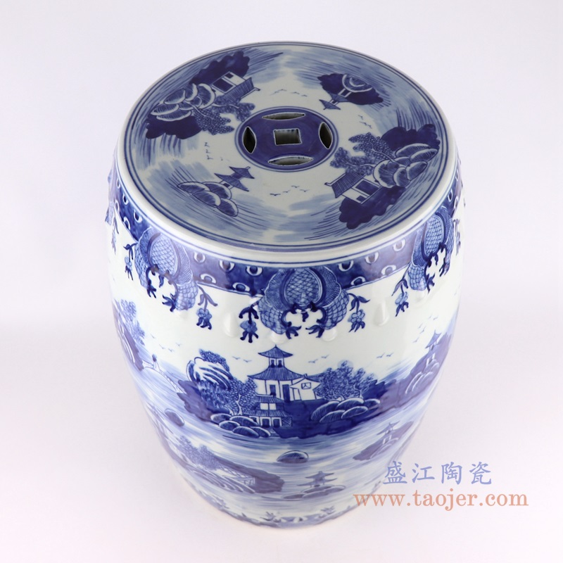 青花山水梧桐铜钱孔凉墩鼓凳子;产品编号:RZKJ18-D 产品尺寸(单位cm): 高:46.3直径:36口径:底径:28重量:11.55KG