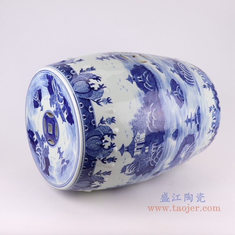 青花山水梧桐铜钱孔凉墩鼓凳子;产品编号:RZKJ18-D 产品尺寸(单位cm): 高:46.3直径:36口径:底径:28重量:11.55KG