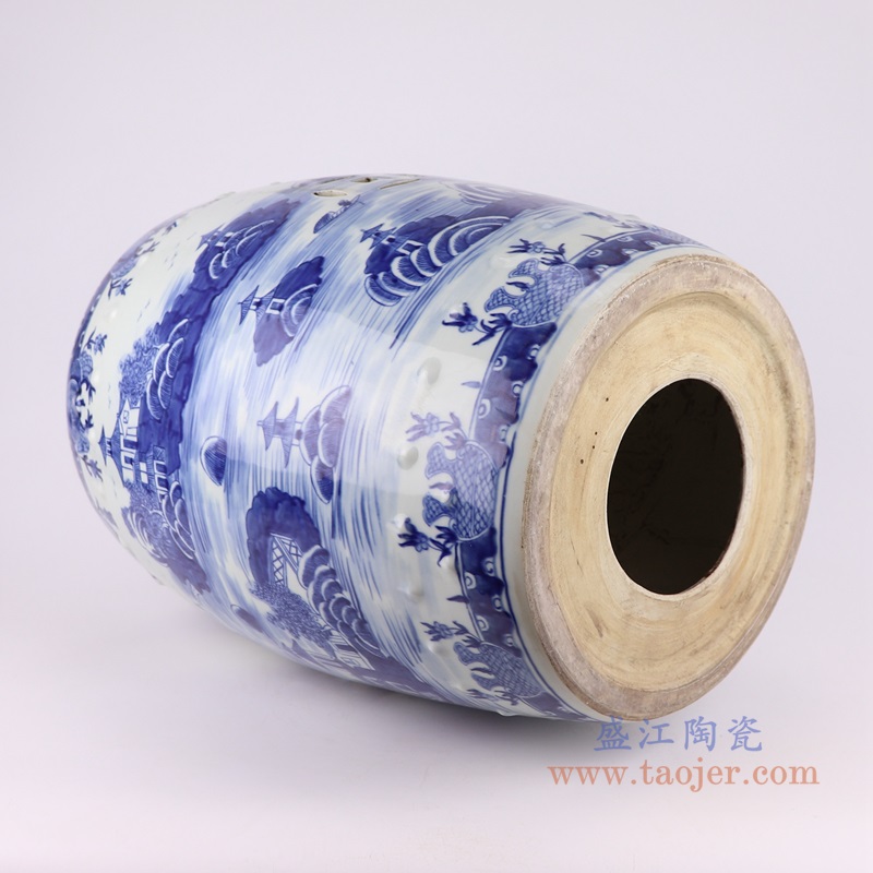 青花山水梧桐铜钱孔凉墩鼓凳子;产品编号:RZKJ18-D 产品尺寸(单位cm): 高:46.3直径:36口径:底径:28重量:11.55KG