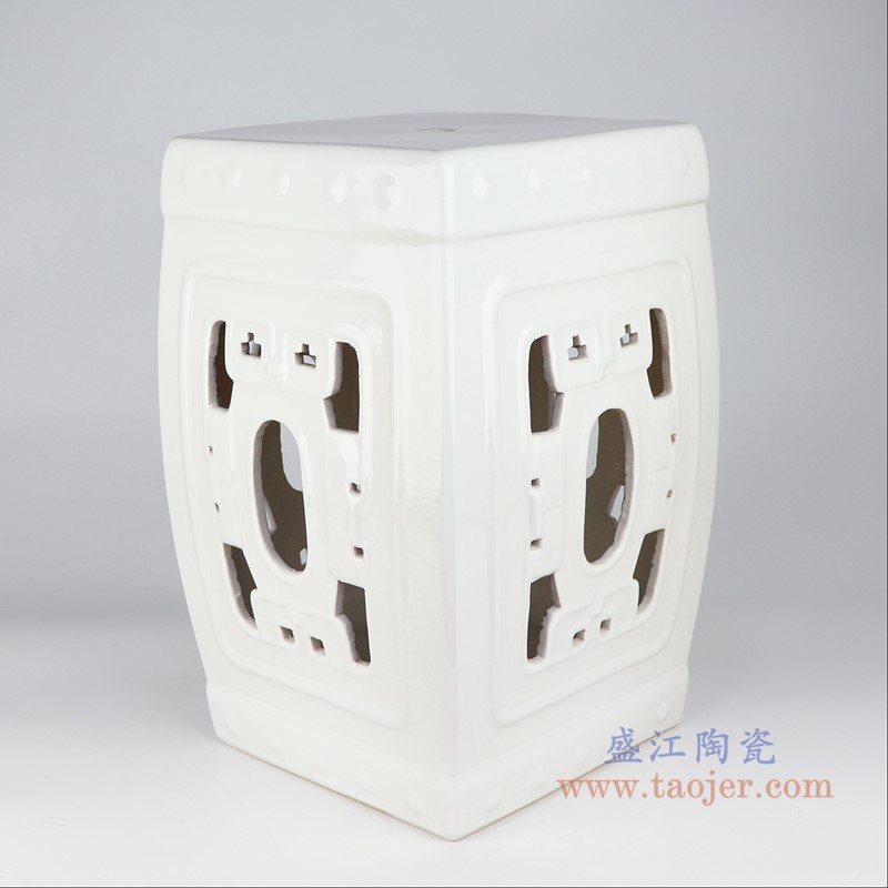 纯白镂空四方凳子;产品编号：RZKL22-A       产品尺寸(单位cm):  高：43.5直径：30口径：底径：25重量：9.18KG