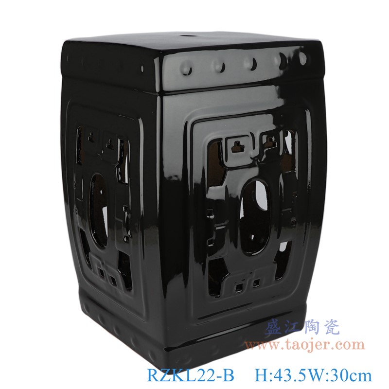 颜色釉黑色镂空四方凳子;产品编号:RZKL22-B 产品尺寸(单位cm): 高:43.5直径:30口径:底径:25重量:9.18KG