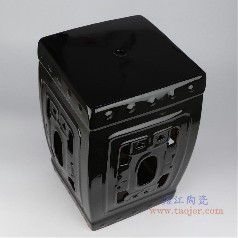 颜色釉黑色镂空四方凳子;产品编号:RZKL22-B 产品尺寸(单位cm): 高:43.5直径:30口径:底径:25重量:9.18KG