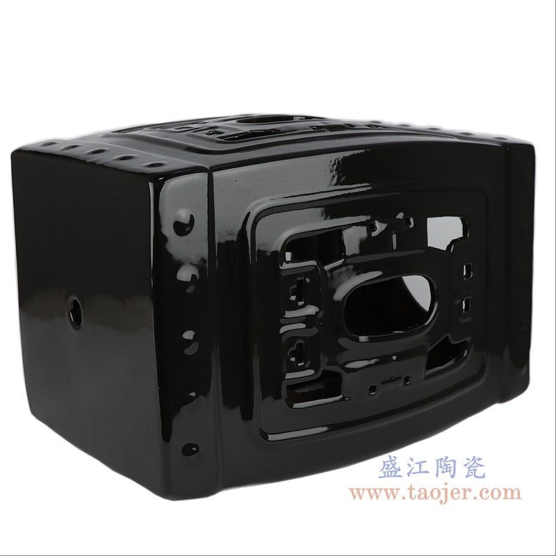 颜色釉黑色镂空四方凳子;产品编号:RZKL22-B 产品尺寸(单位cm): 高:43.5直径:30口径:底径:25重量:9.18KG