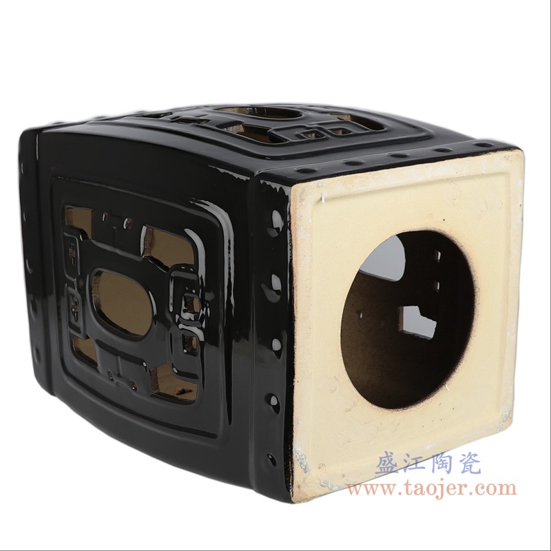 颜色釉黑色镂空四方凳子;产品编号:RZKL22-B 产品尺寸(单位cm): 高:43.5直径:30口径:底径:25重量:9.18KG