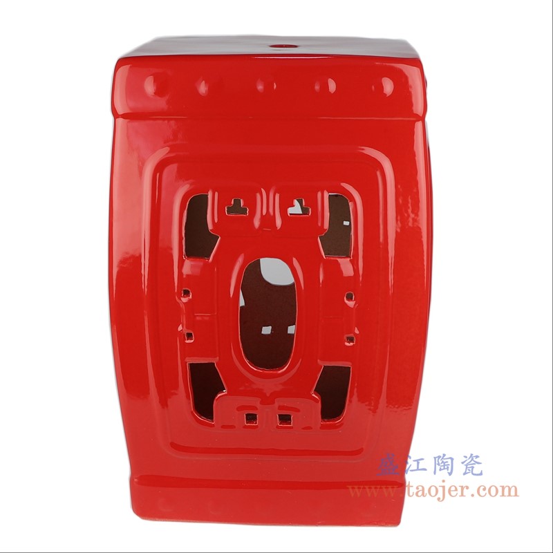 颜色釉红色镂空四方凳子;产品编号：RZKL22-C       产品尺寸(单位cm):  高：43.5直径：30口径：底径：25重量：9.18KG