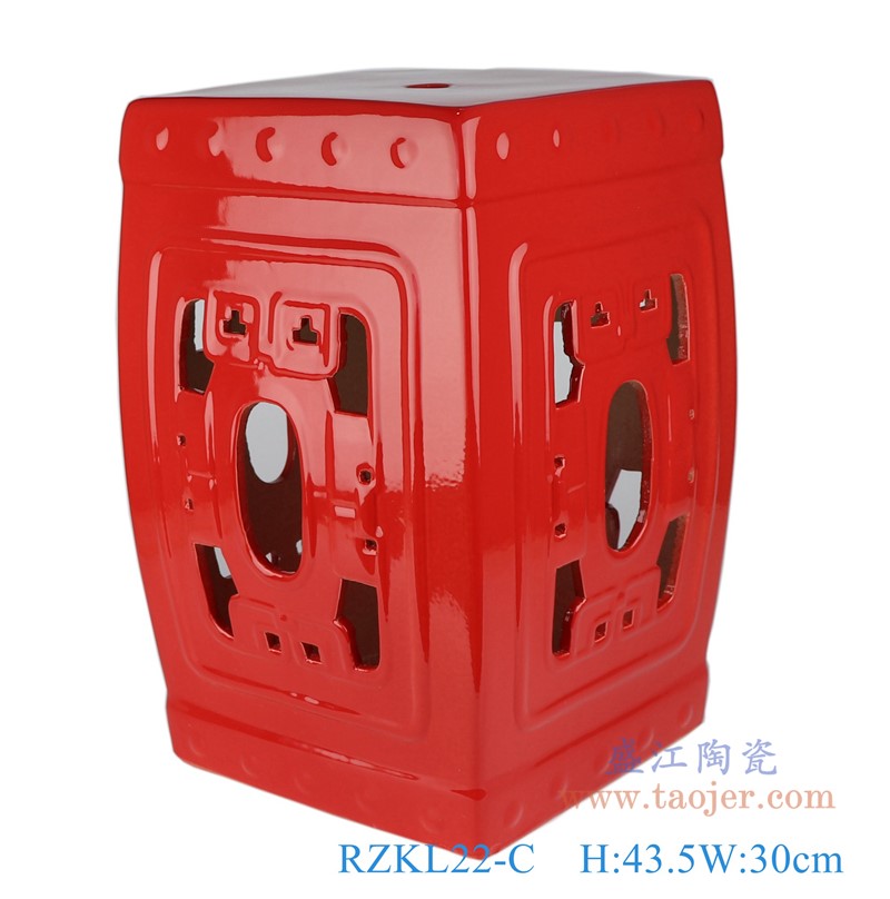 颜色釉红色镂空四方凳子;产品编号：RZKL22-C       产品尺寸(单位cm):  高：43.5直径：30口径：底径：25重量：9.18KG