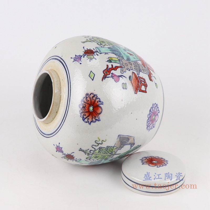 五彩斗彩彩绘博古纹眀罐茶叶罐;产品编号：RZKT42       产品尺寸(单位cm):  高：18.3直径：18口径：底径：11.4重量：1KG
