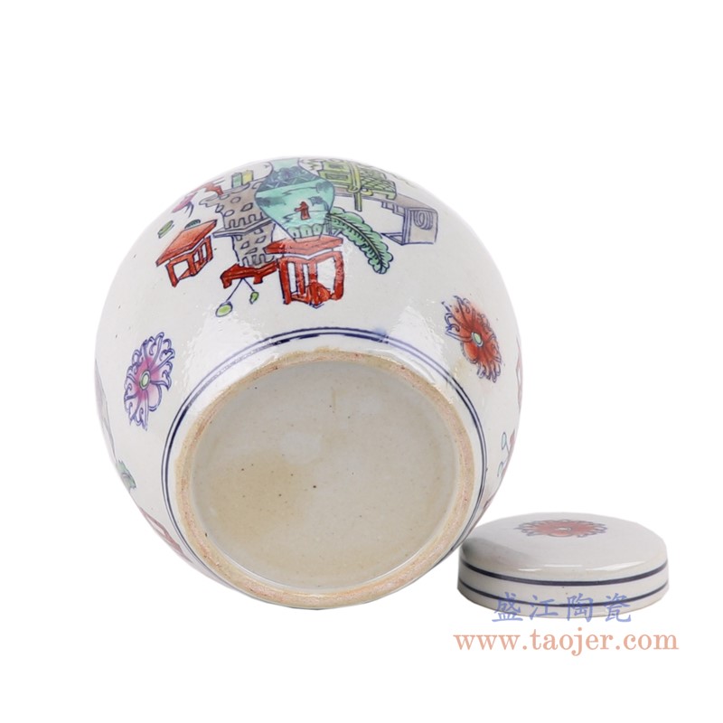 五彩斗彩彩绘博古纹眀罐茶叶罐;产品编号：RZKT42       产品尺寸(单位cm):  高：18.3直径：18口径：底径：11.4重量：1KG