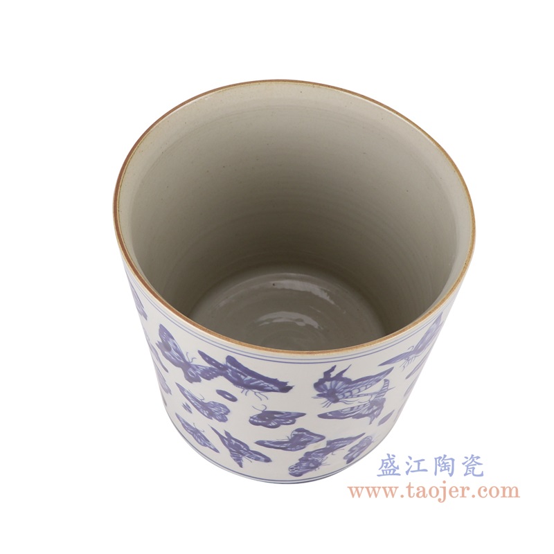 青花蝴蝶纹笔筒;产品编号：RZKY33-B-L       产品尺寸(单位cm):  高：22直径：22.2口径：底径：19.5重量：3.45KG
