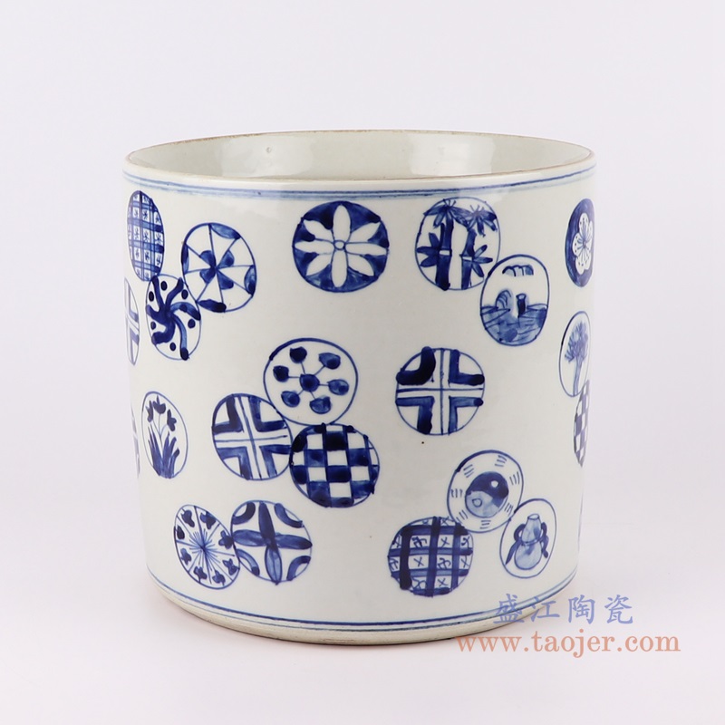 青花圆圈图案笔筒;产品编号:RZKY33-C-L 产品尺寸(单位cm): 高:21.4直径:22.7口径:底径:20重量:3.45KG