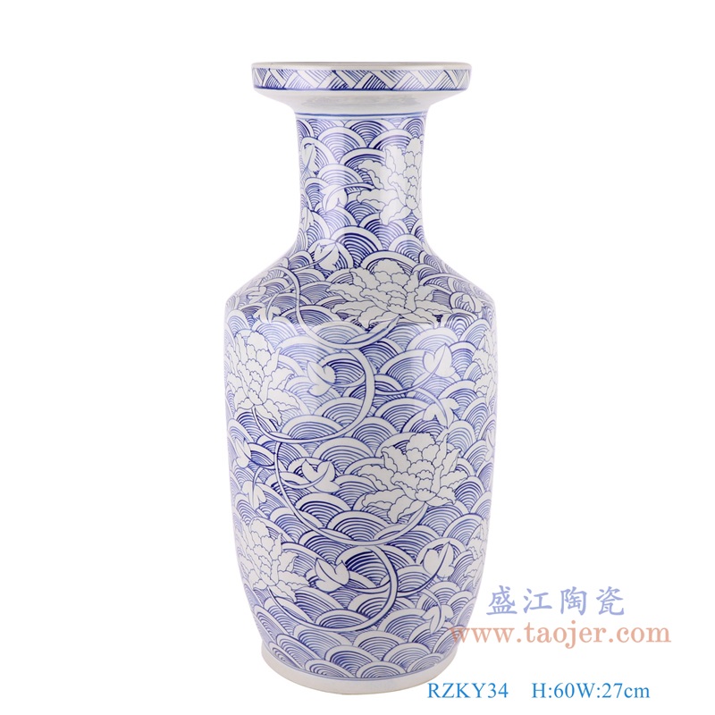 青花海水荷花纹棒子瓶花瓶;产品编号:RZKY34 产品尺寸(单位cm): 高:60直径:27口径:底径:20重量:11.25KG