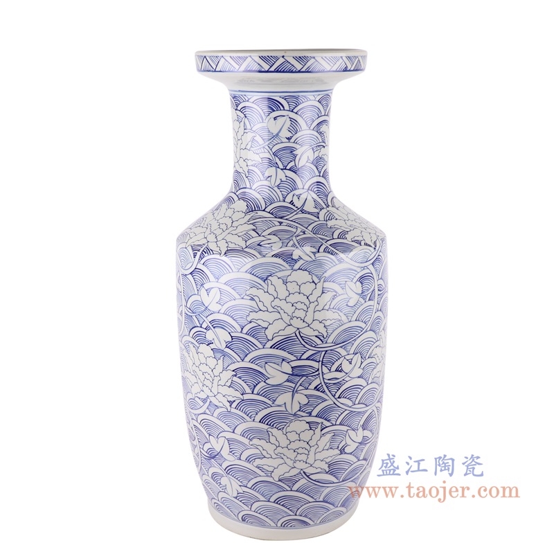 青花海水荷花纹棒子瓶花瓶;产品编号:RZKY34 产品尺寸(单位cm): 高:60直径:27口径:底径:20重量:11.25KG