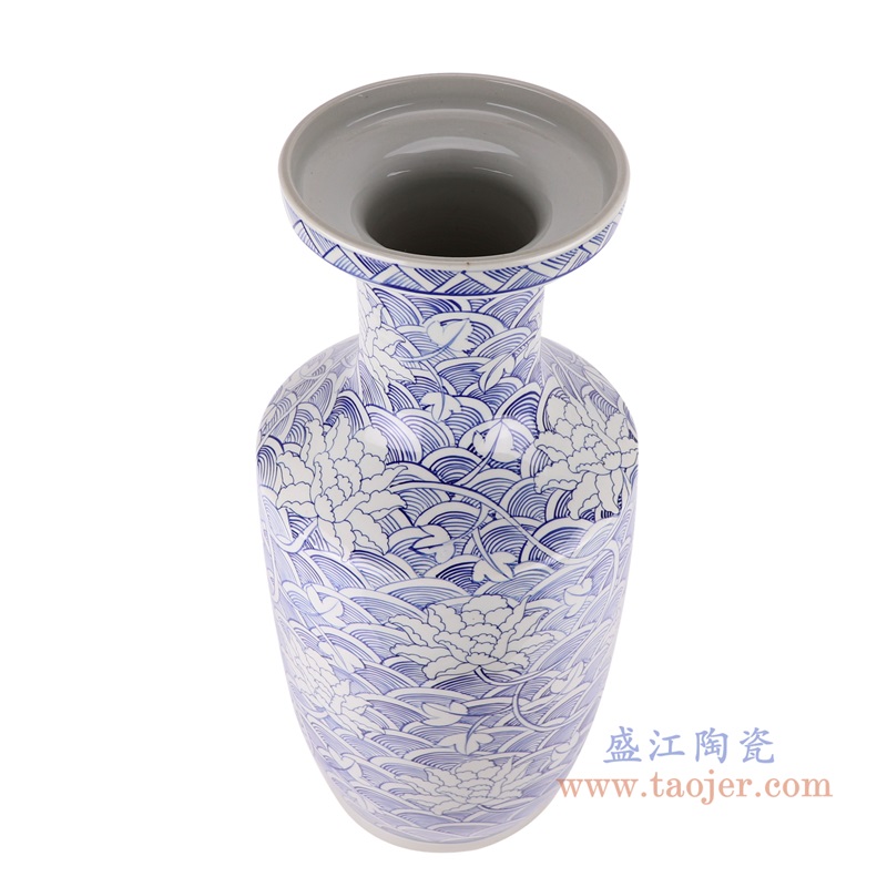 青花海水荷花纹棒子瓶花瓶;产品编号：RZKY34       产品尺寸(单位cm):  高：60直径：27口径：底径：20重量：11.25KG