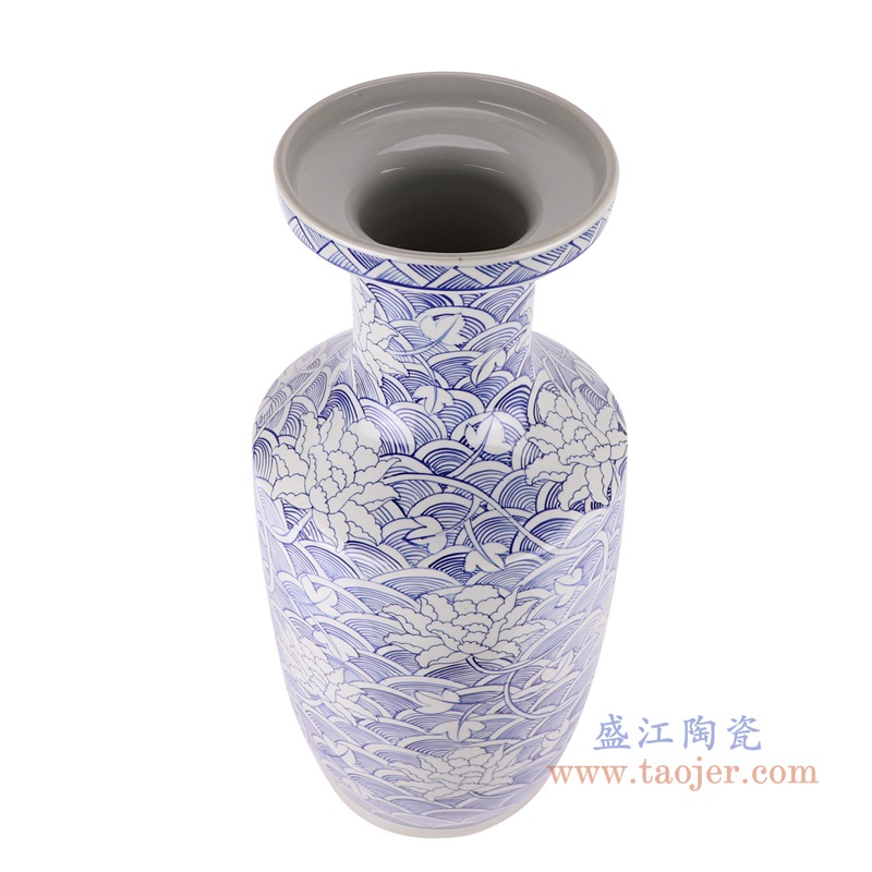 青花海水荷花纹棒子瓶花瓶;产品编号:RZKY34 产品尺寸(单位cm): 高:60直径:27口径:底径:20重量:11.25KG
