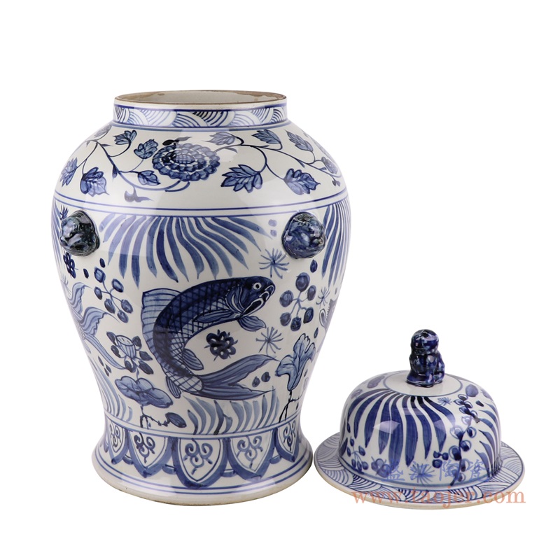 青花鱼藻纹狮子头将军罐;产品编号：RZKY37       产品尺寸(单位cm):  高：53直径：34口径：底径：23重量：8.4KG