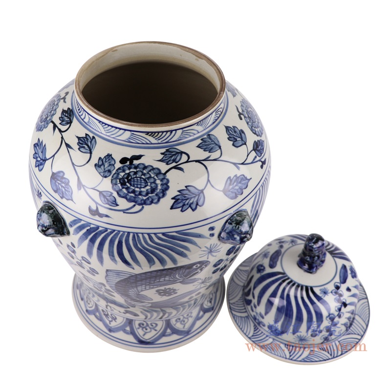 青花鱼藻纹狮子头将军罐;产品编号：RZKY37       产品尺寸(单位cm):  高：53直径：34口径：底径：23重量：8.4KG