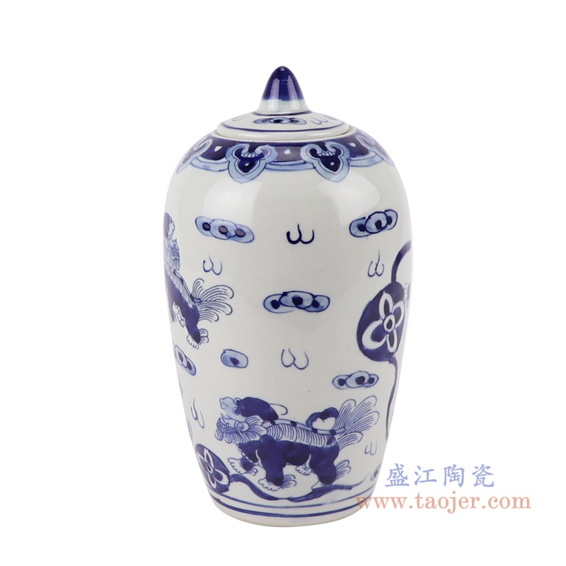 青花狮子纹小冬瓜罐;产品编号：RZKY38       产品尺寸(单位cm):  高：25直径：13.3口径：底径：8.7重量：1.25KG