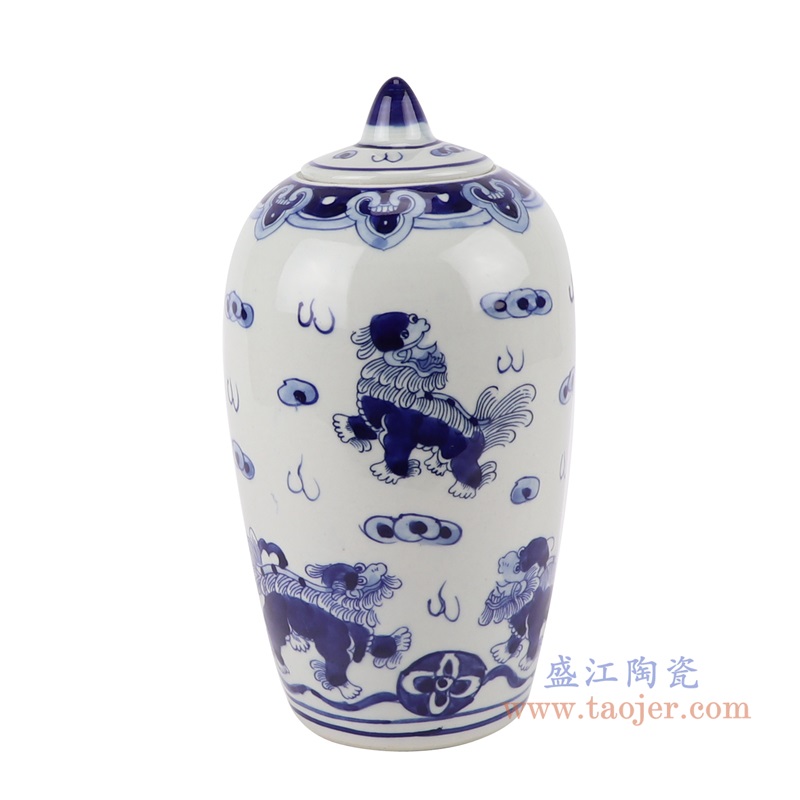 青花狮子纹小冬瓜罐;产品编号：RZKY38       产品尺寸(单位cm):  高：25直径：13.3口径：底径：8.7重量：1.25KG