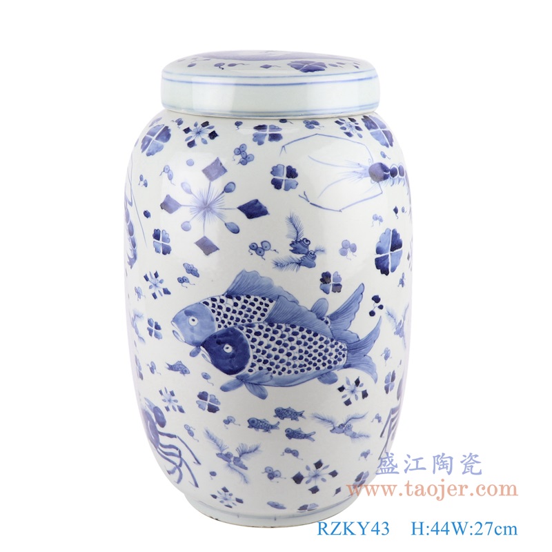 青花鱼虾螃蟹纹冬瓜罐盖罐;产品编号:RZKY43 产品尺寸(单位cm): 高:44直径:27口径:底径:18.5重量:8.75KG