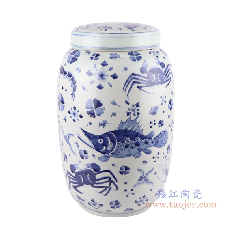 青花鱼虾螃蟹纹冬瓜罐盖罐;产品编号:RZKY43 产品尺寸(单位cm): 高:44直径:27口径:底径:18.5重量:8.75KG