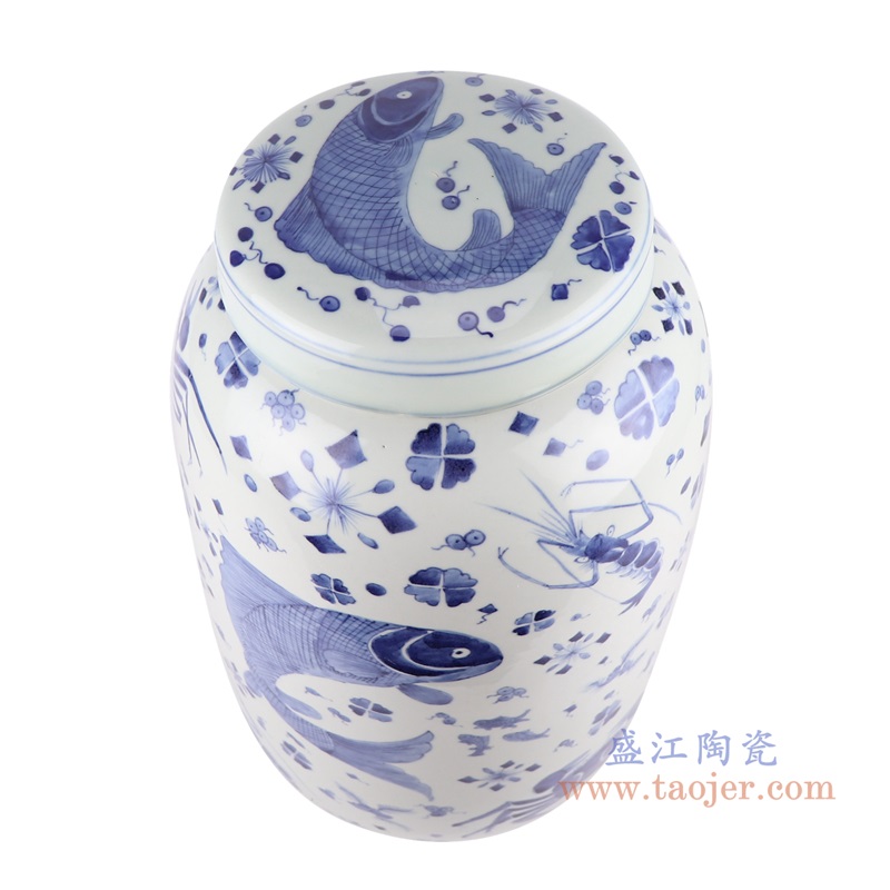 青花鱼虾螃蟹纹冬瓜罐盖罐;产品编号:RZKY43 产品尺寸(单位cm): 高:44直径:27口径:底径:18.5重量:8.75KG